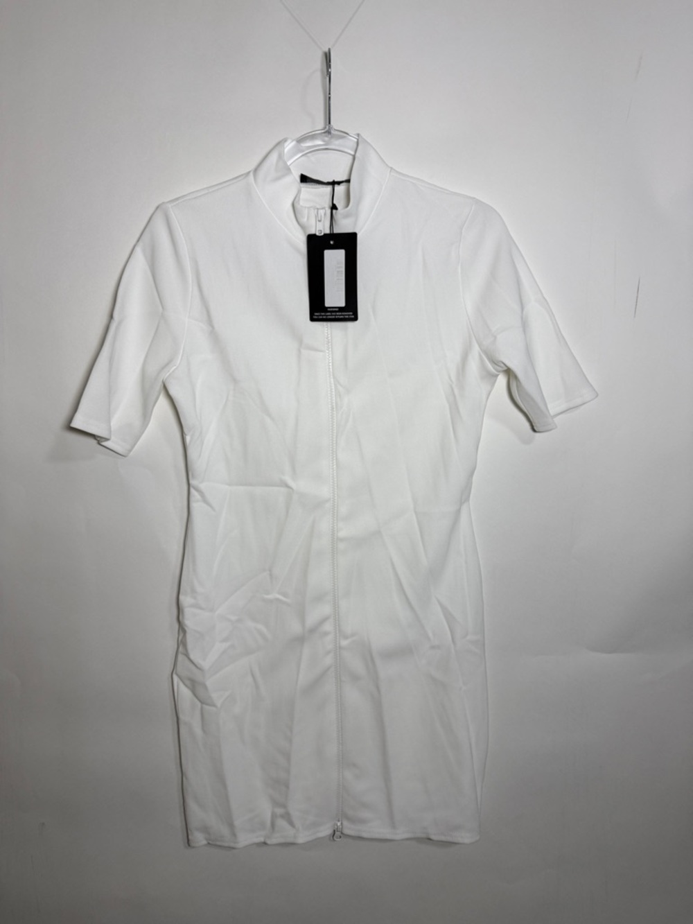 White Zip Front Rib Short Sleeve Bodycon Dress